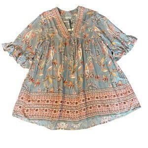 Dress Forum Boho Floral Paisley Peasant mini dress blue Orange Ruffle Sleeve L